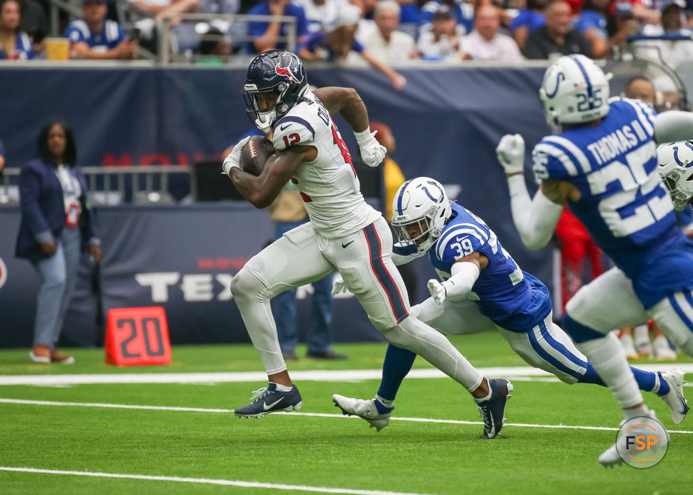 HOUSTON, TX - SEPTEMBER 17: Houston Texans wide receiver Nico Collins (12) carries the ball in the second quarter  during the NFL game between the Indianapolis Colts and Houston Texans on September 17, 2023 at NRG Stadium in Houston, Texas.  (Photo by Leslie Plaza Johnson/Icon Sportswire)