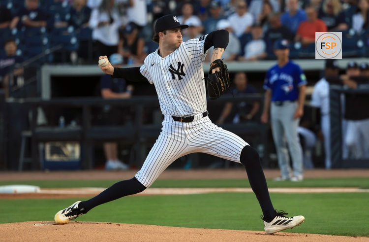 Mar 11, 2026; Tampa, Florida, USA;  New York Yankees starting pitcher Cam Schlittler (31) throws a pitch  during the first inning against the Toronto Blue Jays at George M. Steinbrenner Field. Credit: Kim Klement Neitzel-Imagn Images