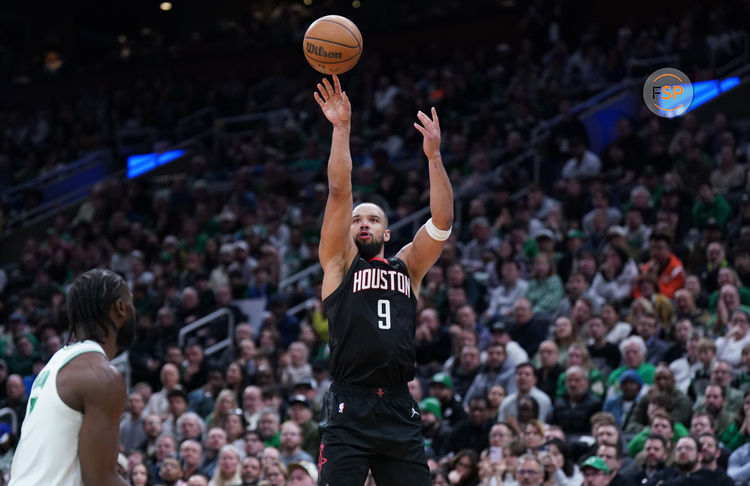 Jan 27, 2025; Boston, Massachusetts, USA; Houston Rockets forward Dillon Brooks (9) shoots for three points against the Boston Celtics in the second half at TD Garden. Credit: David Butler II-Imagn Images