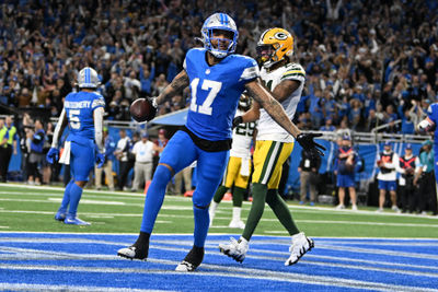 Dec 5, 2024; Detroit, Michigan, USA;  Detroit Lions wide receiver Tim Patrick (17) celebrates after catching a touchdown pass against the Green Bay Packers in the fourth quarter at Ford Field. Mandatory Credit: Lon Horwedel-Imagn Images