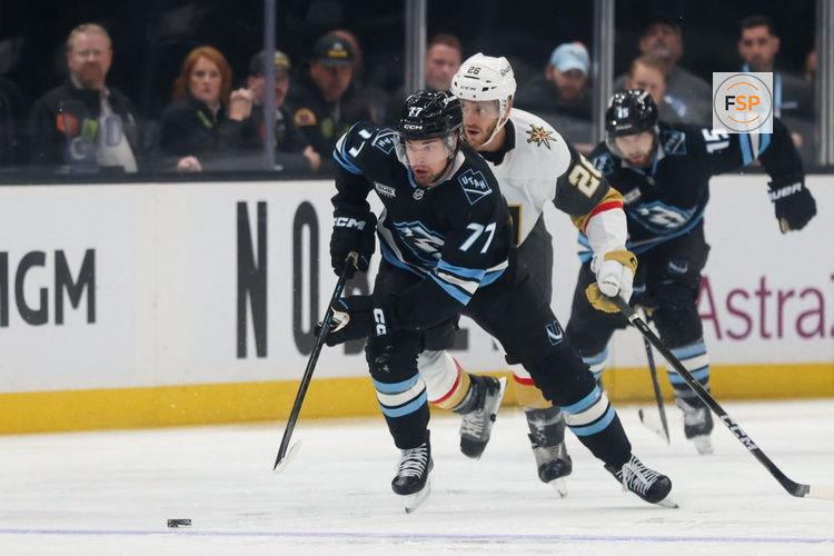 May 1, 2026; Salt Lake City, Utah, USA; Utah Mammoth right wing JJ Peterka (77) brings the puck up the ice against the Vegas Golden Knights during the second period in game six of the first round of the 2026 Stanley Cup Playoffs at Delta Center. Credit: Rob Gray-Imagn Images