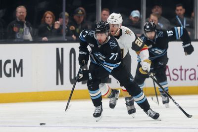 May 1, 2026; Salt Lake City, Utah, USA; Utah Mammoth right wing JJ Peterka (77) brings the puck up the ice against the Vegas Golden Knights during the second period in game six of the first round of the 2026 Stanley Cup Playoffs at Delta Center. Mandatory Credit: Rob Gray-Imagn Images