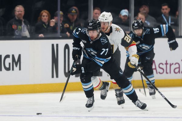 May 1, 2026; Salt Lake City, Utah, USA; Utah Mammoth right wing JJ Peterka (77) brings the puck up the ice against the Vegas Golden Knights during the second period in game six of the first round of the 2026 Stanley Cup Playoffs at Delta Center. Mandatory Credit: Rob Gray-Imagn Images