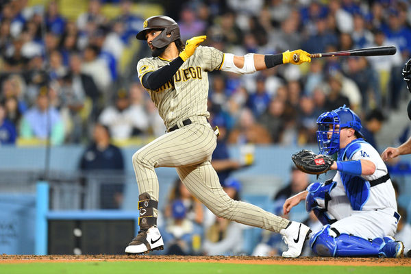 LOS ANGELES, CA - MAY 12: San Diego Padres right fielder Fernando Tatis Jr. (23) singles during the MLB game between the San Diego Padres and the Los Angeles Dodgers on May 12, 2023 at Dodger Stadium in Los Angeles, CA. (Photo by Brian Rothmuller/Icon Sportswire)