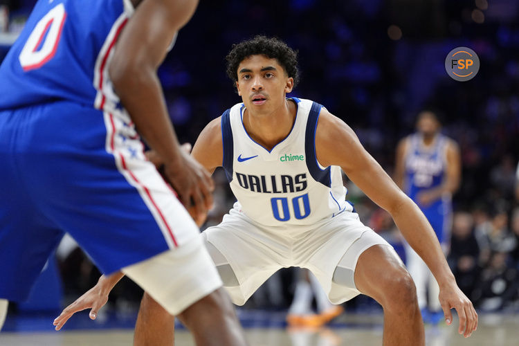 Feb 4, 2025; Philadelphia, Pennsylvania, USA; Dallas Mavericks guard Max Christie (00) in action against the Philadelphia 76ers in the first quarter at Wells Fargo Center. Credit: Kyle Ross-Imagn Images