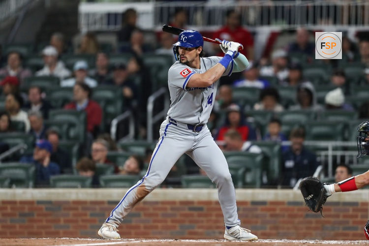Mar 28, 2026; Cumberland, Georgia, USA; Kansas City Royals right fielder Jac Caglianone (14) hits a double against the Atlanta Braves in the seventh inning at Truist Park. Credit: Mady Mertens-Imagn Images