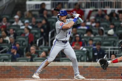 Mar 28, 2026; Cumberland, Georgia, USA; Kansas City Royals right fielder Jac Caglianone (14) hits a double against the Atlanta Braves in the seventh inning at Truist Park. Mandatory Credit: Mady Mertens-Imagn Images