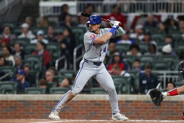 Mar 28, 2026; Cumberland, Georgia, USA; Kansas City Royals right fielder Jac Caglianone (14) hits a double against the Atlanta Braves in the seventh inning at Truist Park. Mandatory Credit: Mady Mertens-Imagn Images