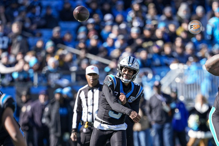 Dec 22, 2024; Charlotte, North Carolina, USA; Carolina Panthers quarterback Bryce Young (9) throws  during the first quarter against the Arizona Cardinals at Bank of America Stadium. Credit: Jim Dedmon-Imagn Images