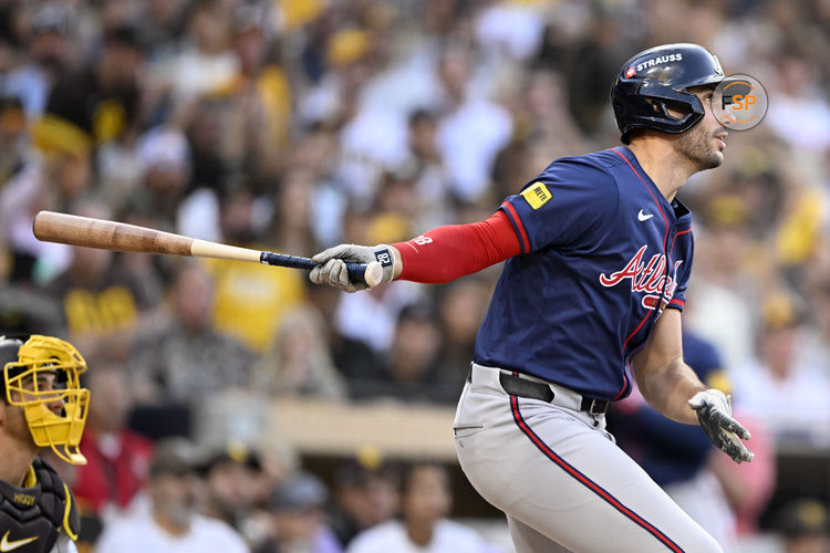 Oct 1, 2024; San Diego, California, USA; Atlanta Braves first base Matt Olson (28) hits a single in game one of the Wildcard round for the 2024 MLB Playoffs against the San Diego Padres at Petco Park. Credit: Denis Poroy-Imagn Images