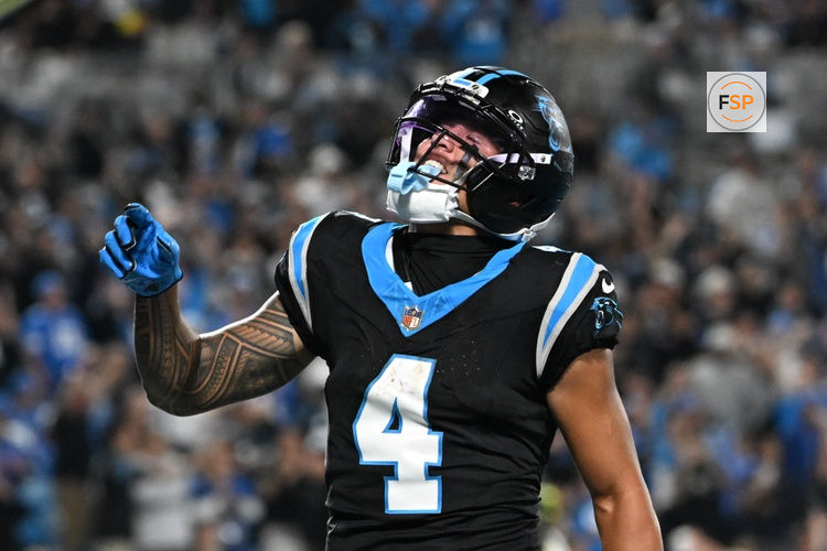 Oct 4, 2026; Charlotte, North Carolina, USA; Carolina Panthers wide receiver Tetairoa McMillan (4) reacts in the second  half at Bank of America Stadium. Credit: Bob Donnan-Imagn Images