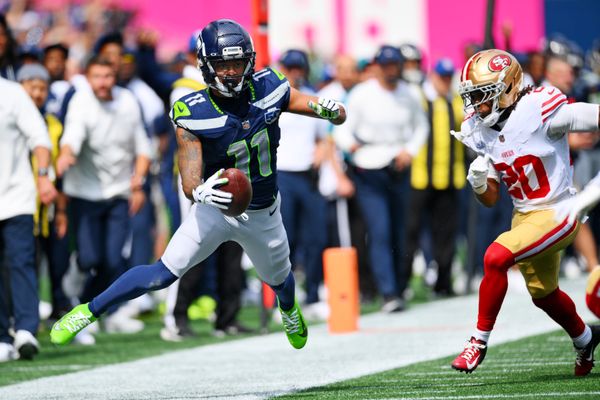 Sep 7, 2025; Seattle, Washington, USA; Seattle Seahawks wide receiver Jaxon Smith-Njigba (11) runs the ball during the first half against San Francisco 49ers at Lumen Field. Mandatory Credit: Steven Bisig-Imagn Images