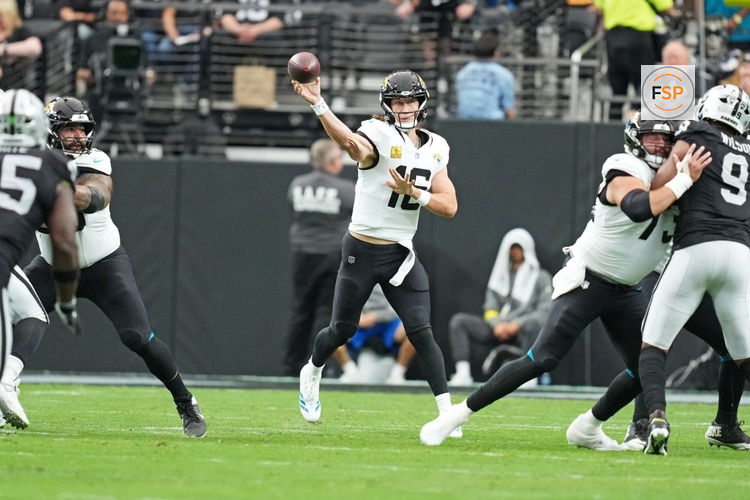 Nov 2, 2025; Paradise, Nevada, USA; Jacksonville Jaguars quarterback Trevor Lawrence (16) drops back to make a pass during the first half against the Las Vegas Raiders at Allegiant Stadium. Credit: Kirby Lee-Imagn Images