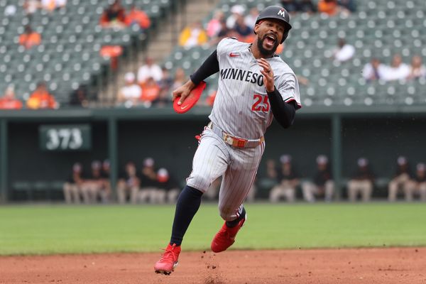 May 14, 2025; Baltimore, Maryland, USA; Minnesota Twins outfielder Byron Buxton (25) scores a run during the ninth inning against the Baltimore Orioles at Oriole Park at Camden Yards. Mandatory Credit: Daniel Kucin Jr.-Imagn Images