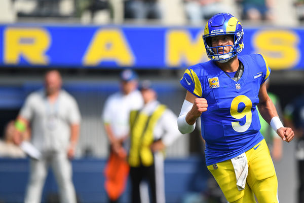 INGLEWOOD, CA - OCTOBER 08: Los Angeles Rams quarterback Matthew Stafford (9) celebrates a touchdown pass during the NFL game between the Philadelphia Eagles and the Los Angeles Rams on October 8, 2023, at SoFi Stadium in Inglewood, CA. (Photo by Brian Rothmuller/Icon Sportswire)