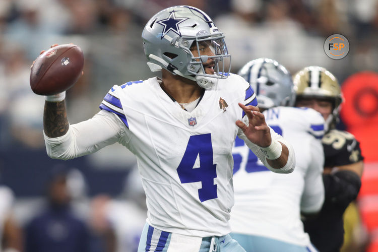 Sep 15, 2024; Arlington, Texas, USA; Dallas Cowboys quarterback Dak Prescott (4) throws against the New Orleans Saints in the first quarter  at AT&T Stadium. Credit: Tim Heitman-Imagn Images