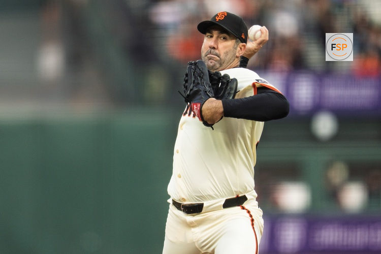 May 12, 2025; San Francisco, California, USA; San Francisco Giants starting pitcher Justin Verlander (35) delivers a pitch against the Arizona Diamondbacks during the first inning at Oracle Park. Credit: Neville E. Guard-Imagn Images