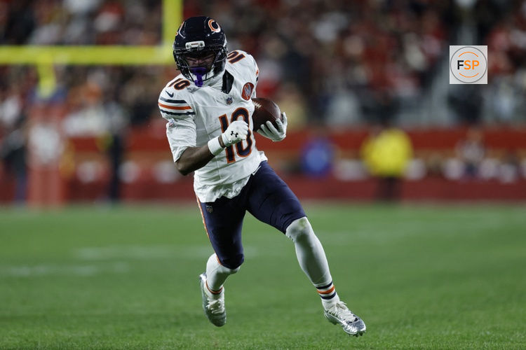 Dec 28, 2025; Santa Clara, California, USA; Chicago Bears wide receiver Luther Burden III (10) runs against the San Francisco 49ers in the second half at Levi's Stadium. Credit: Sergio Estrada-Imagn Images