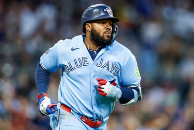 Jul 11, 2026; San Diego, California, USA; Toronto Blue Jays first basemen Vladimir Guerrero Jr. (27) hits a three-run home run during the sixth inning against the San Diego Padres at Petco Park. Mandatory Credit: David Frerker-Imagn Images