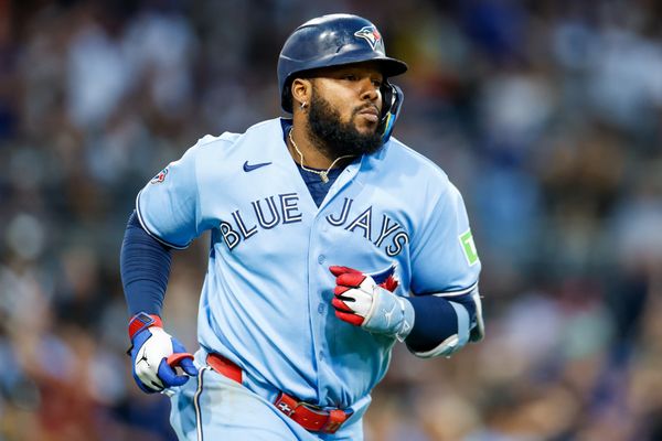 Jul 11, 2026; San Diego, California, USA; Toronto Blue Jays first basemen Vladimir Guerrero Jr. (27) hits a three-run home run during the sixth inning against the San Diego Padres at Petco Park. Mandatory Credit: David Frerker-Imagn Images