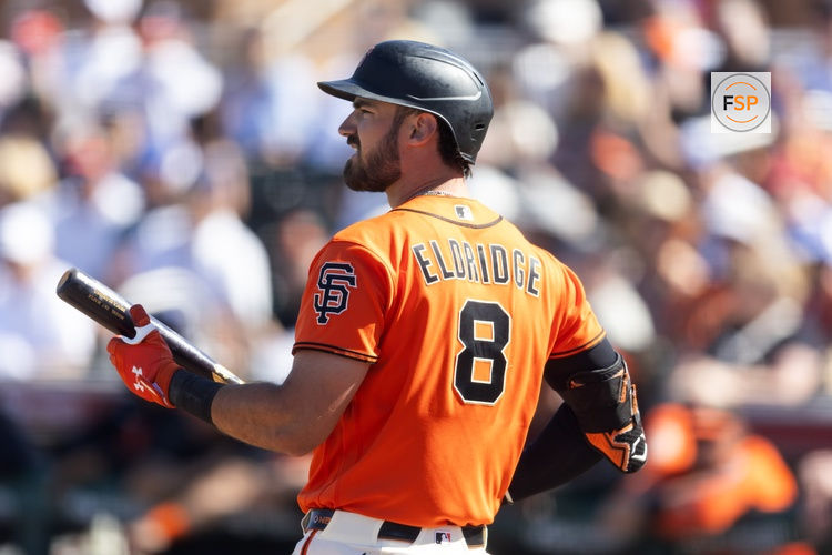 Mar 3, 2026; Scottsdale, AZ, USA; Detailed view of the jersey of San Francisco Giants first baseman Bryce Eldridge (8) against Team USA during a spring training game at Scottsdale Stadium. Credit: Mark J. Rebilas-Imagn Images