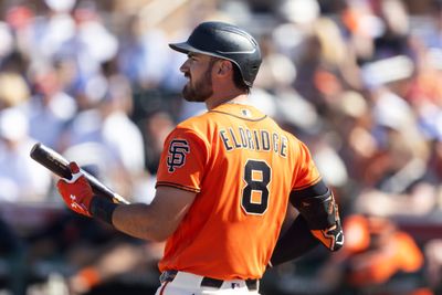 Mar 3, 2026; Scottsdale, AZ, USA; Detailed view of the jersey of San Francisco Giants first baseman Bryce Eldridge (8) against Team USA during a spring training game at Scottsdale Stadium. Mandatory Credit: Mark J. Rebilas-Imagn Images