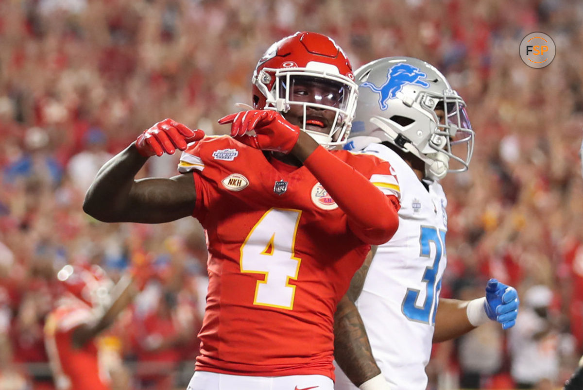 KANSAS CITY, MO - SEPTEMBER 07: Kansas City Chiefs wide receiver Rashee Rice (4) celebrates a 1-yard touchdown reception in the second quarter of an NFL game between the Detroit Lions and Kansas City Chiefs on Sep 7, 2023 at GEHA Field at Arrowhead Stadium in Kansas City, MO. (Photo by Scott Winters/Icon Sportswire)