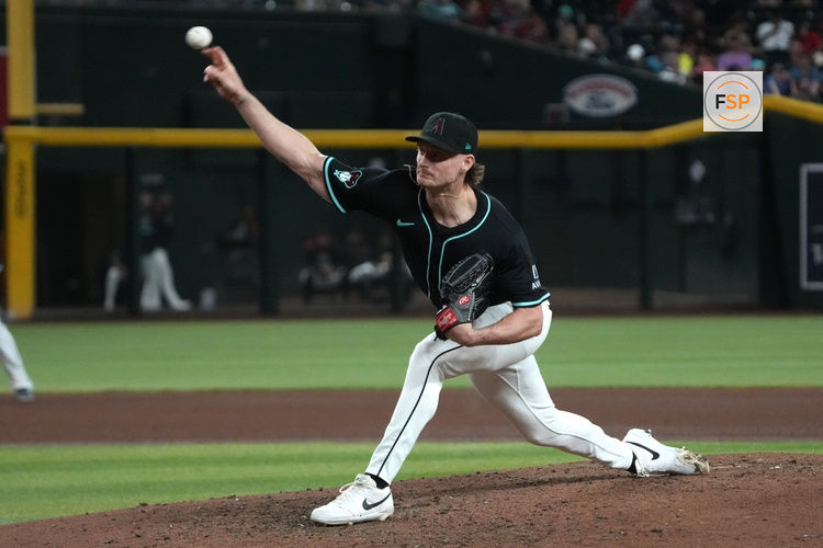 Apr 23, 2025; Phoenix, Arizona, USA; Arizona Diamondbacks pitcher Shelby Miller (18) throws against the Tampa Bay Rays during the sixth inning at Chase Field. Credit: Rick Scuteri-Imagn Images