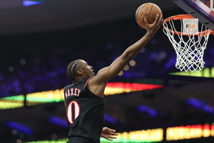 Mar 3, 2026; Philadelphia, Pennsylvania, USA; Philadelphia 76ers guard Tyrese Maxey (0) drives for a score against the San Antonio Spurs during the third quarter at Xfinity Mobile Arena. Credit: Bill Streicher-Imagn Images