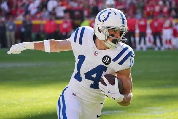 Nov 23, 2025; Kansas City, Missouri, USA; Indianapolis Colts wide receiver Alec Pierce (14) makes a catch against the Kansas City Chiefs in the second half at GEHA Field at Arrowhead Stadium. Mandatory Credit: Denny Medley-Imagn Images