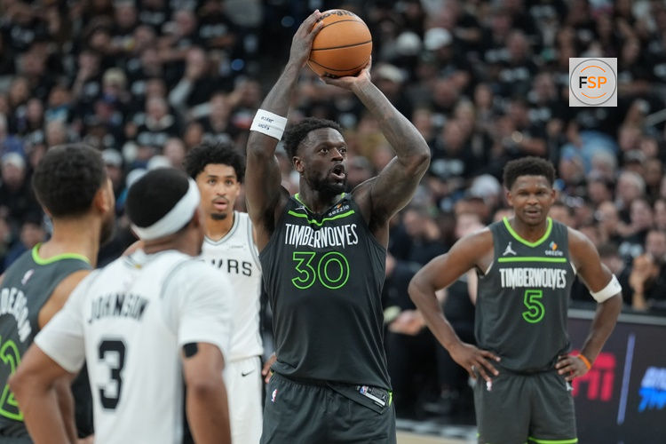 May 6, 2026; San Antonio, Texas, USA; Minnesota Timberwolves forward Julius Randle (30) shoots a free throw in the second half against the San Antonio Spurs during game two of the second round of the 2026 NBA Playoffs at Frost Bank Center. Credit: Daniel Dunn-Imagn Images