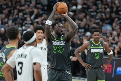 May 6, 2026; San Antonio, Texas, USA; Minnesota Timberwolves forward Julius Randle (30) shoots a free throw in the second half against the San Antonio Spurs during game two of the second round of the 2026 NBA Playoffs at Frost Bank Center. Mandatory Credit: Daniel Dunn-Imagn Images