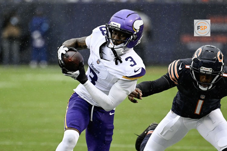 Sep 20, 2026; Chicago, Illinois, USA; Minnesota Vikings wide receiver Jordan Addison (3) runs against Chicago Bears cornerback Jaylon Johnson (1) during the first half at Soldier Field. Credit: Matt Marton-Imagn Images