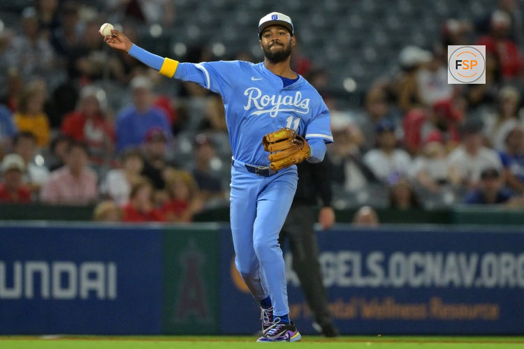 Sep 24, 2025; Anaheim, California, USA;  Kansas City Royals third baseman Maikel Garcia (11) makes a play in the eighth inning against the Los Angeles Angels at Angel Stadium. Credit: Jayne Kamin-Oncea-Imagn Images