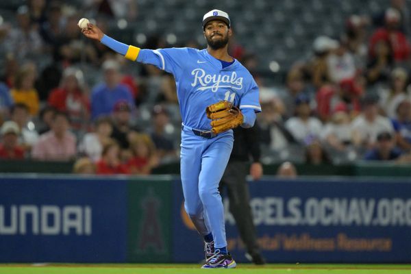 Sep 24, 2025; Anaheim, California, USA;  Kansas City Royals third baseman Maikel Garcia (11) makes a play in the eighth inning against the Los Angeles Angels at Angel Stadium. Mandatory Credit: Jayne Kamin-Oncea-Imagn Images