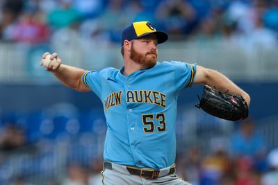 Apr 18, 2026; Miami, Florida, USA; Milwaukee Brewers starting pitcher Brandon Woodruff (53) delivers a pitch against the Miami Marlins during the fourth inning at loanDepot Park. Mandatory Credit: Sam Navarro-Imagn Images