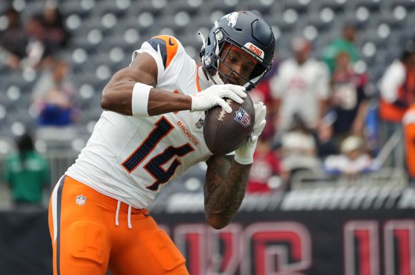 Nov 2, 2025; Houston, Texas, USA;  Denver Broncos wide receiver Courtland Sutton (14) warms up before a game against the Houston Texans at NRG Stadium. Mandatory Credit: Sean Thomas-Imagn Images