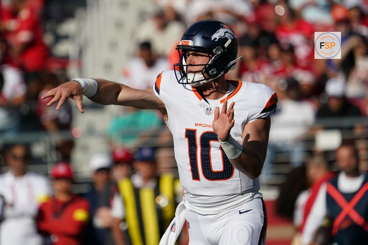 Aug 9, 2025; Santa Clara, California, USA;  Denver Broncos quarterback Bo Nix (10) drops back to pass in the first quarter against the San Francisco 49ers at Levi's Stadium. Credit: David Gonzales-Imagn Images