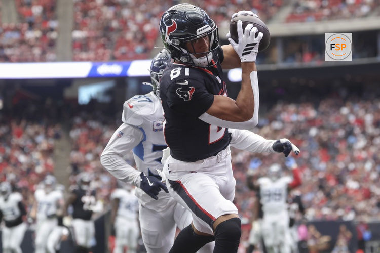 Sep 28, 2025; Houston, Texas, USA; Houston Texans wide receiver Jayden Higgins (81) makes a reception for a touchdown during the fourth quarter against the Tennessee Titans at NRG Stadium. Credit: Troy Taormina-Imagn Images