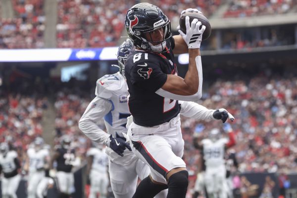 Sep 28, 2025; Houston, Texas, USA; Houston Texans wide receiver Jayden Higgins (81) makes a reception for a touchdown during the fourth quarter against the Tennessee Titans at NRG Stadium. Mandatory Credit: Troy Taormina-Imagn Images