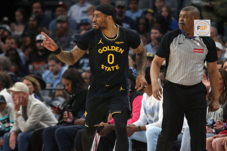 Feb 25, 2026; Memphis, Tennessee, USA; Golden State Warriors guard Gary Payton II (0) reacts after a three point basket during the second quarter against the Memphis Grizzlies at FedExForum. Credit: Petre Thomas-Imagn Images