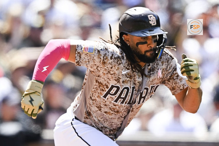 May 10, 2026; San Diego, California, USA; San Diego Padres right fielder Fernando Tatis Jr. (23) runs to first base after grounding out during the fifth inning against the St. Louis Cardinals at Petco Park. Credit: Denis Poroy-Imagn Images