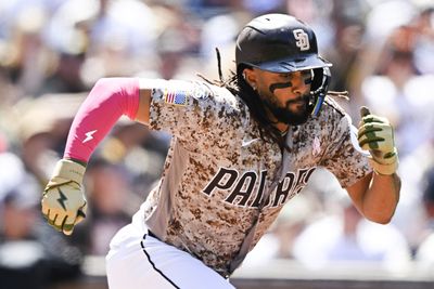 May 10, 2026; San Diego, California, USA; San Diego Padres right fielder Fernando Tatis Jr. (23) runs to first base after grounding out during the fifth inning against the St. Louis Cardinals at Petco Park. Mandatory Credit: Denis Poroy-Imagn Images