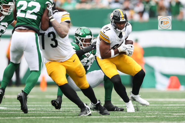 Sep 7, 2025; East Rutherford, New Jersey, USA; Pittsburgh Steelers tight end Jonnu Smith (81) fights for yards against New York Jets linebacker Jamien Sherwood (44) during the second quarter at MetLife Stadium. Credit: Vincent Carchietta-Imagn Images