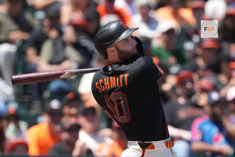 May 23, 2026; San Francisco, California, USA; San Francisco Giants left fielder Casey Schmitt (10) bats against the Chicago White Sox during the fourth inning at Oracle Park. Credit: Darren Yamashita-Imagn Images