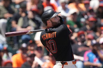 May 23, 2026; San Francisco, California, USA; San Francisco Giants left fielder Casey Schmitt (10) bats against the Chicago White Sox during the fourth inning at Oracle Park. Mandatory Credit: Darren Yamashita-Imagn Images