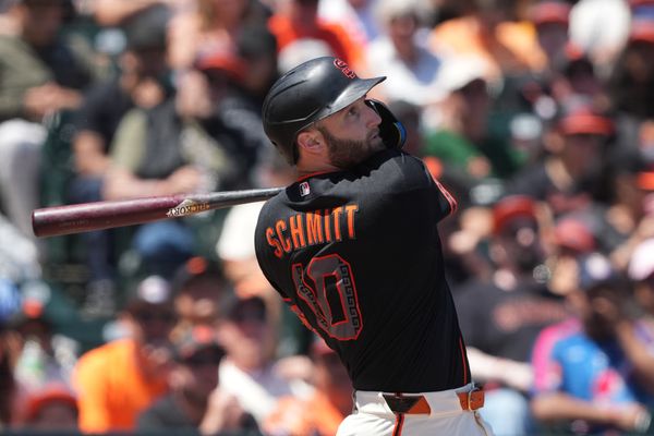 May 23, 2026; San Francisco, California, USA; San Francisco Giants left fielder Casey Schmitt (10) bats against the Chicago White Sox during the fourth inning at Oracle Park. Mandatory Credit: Darren Yamashita-Imagn Images