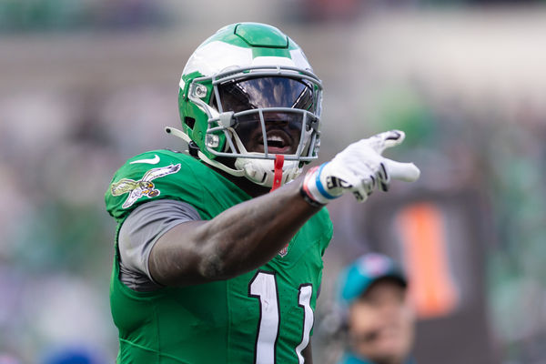 Jan 19, 2025; Philadelphia, Pennsylvania, USA; Philadelphia Eagles wide receiver A.J. Brown (11) reacts after a first down catch against the Los Angeles Rams in a 2025 NFC divisional round game at Lincoln Financial Field. Mandatory Credit: Bill Streicher-Imagn Images