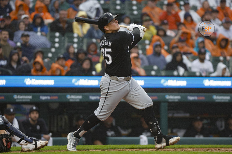 Sep 28, 2024; Detroit, Michigan, USA; Chicago White Sox first baseman Andrew Vaughn (25) hits against the Detroit Tigers during the fifth inning at Comerica Park. Credit: Brian Bradshaw Sevald-Imagn Images