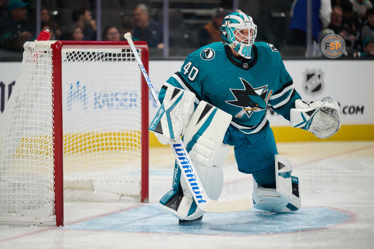 Dec 31, 2024; San Jose, California, USA; San Jose Sharks goaltender Alexandar Georgiev (40) plays his position against the Philadelphia Flyers during the first period at SAP Center at San Jose. Credit: Robert Edwards-Imagn Images